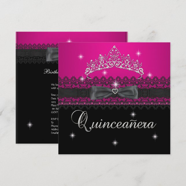 Quinceanera 15th Birthday Party Pink Black Lace 4 Invitation (Front/Back)