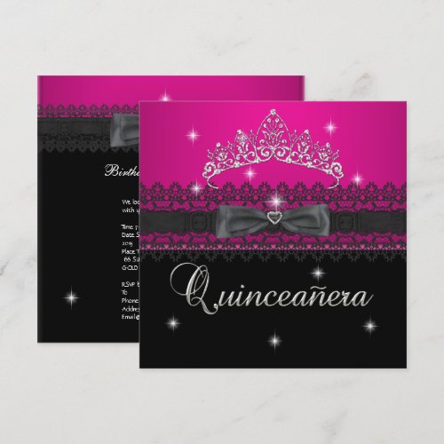 Quinceanera 15th Birthday Party Pink Black Lace 4 Personalized Invite