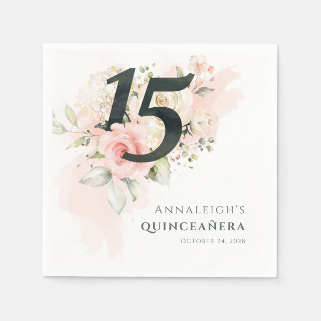 Quinceanera 15th Birthday Party Pink Floral Napkins (Front)