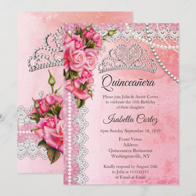 Quinceanera 15th Birthday Party Pink Roses Tiara Invitation (Front/Back)