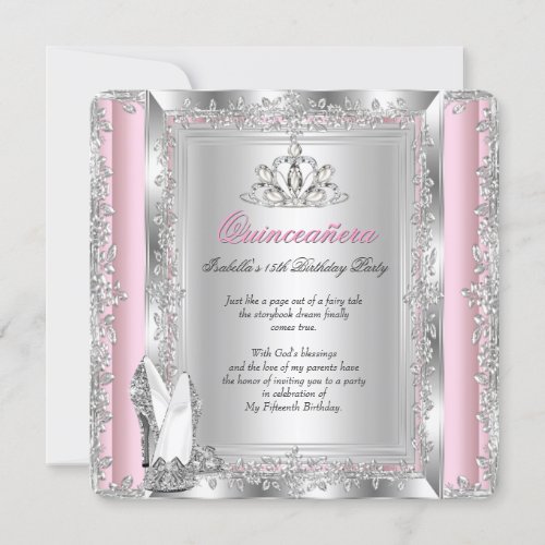 Quinceanera 15th Birthday Party Pink Silver Shoes Invitation