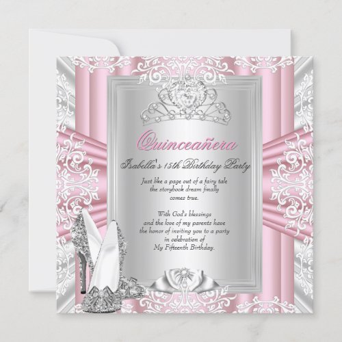 Quinceanera 15th Birthday Party Pink Silver Tiara Invitation