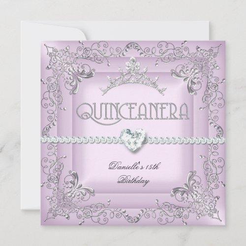 Quinceanera 15th Birthday Party Pink Tiara Silver Custom Invitation