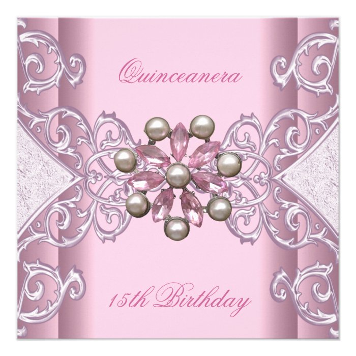 Quinceanera 15th Birthday Party Pretty Pink Pearl Invitations