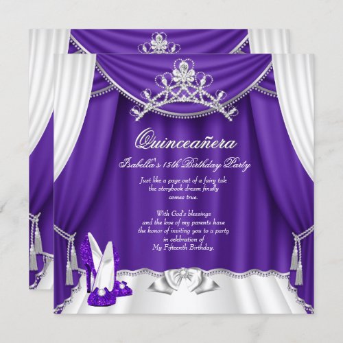 Quinceanera 15th Birthday Party Purple Heels Tiara Invitation