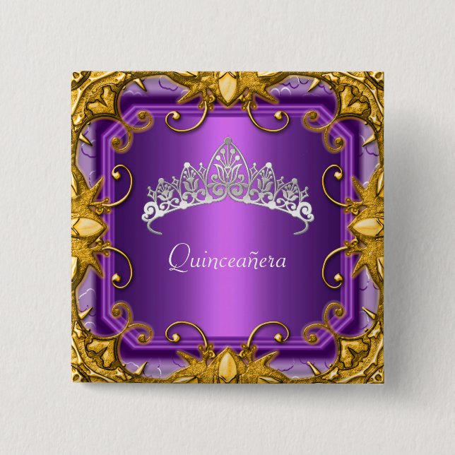 Quinceanera 15th Birthday Party Purple Tiara Button (Front)