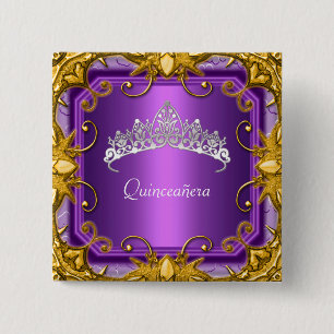 Quinceanera 15th Birthday Party Purple Tiara Button