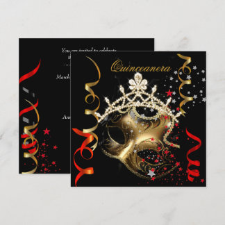 Quinceanera 15th Birthday Party Red Black Mask 2 Invitation