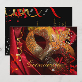 Quinceanera 15th Birthday Party Red Black Mask 3 Invitation