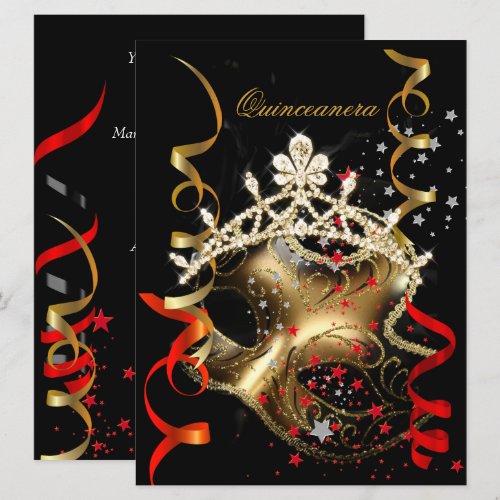 Quinceanera 15th Birthday Party Red Black Mask Personalized Invite