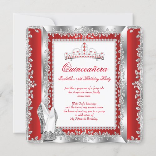Quinceanera 15th Birthday Party Regal Red Silver Invitation