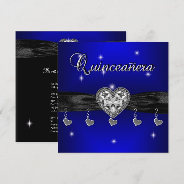Quinceanera 15th Birthday Party Royal Blue Black Invitation (Front/Back)