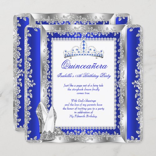 Quinceanera 15th Birthday Party Royal Blue Silver Invitation