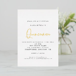 Quinceanera 15th Birthday Party Script White Real Foil Invitation