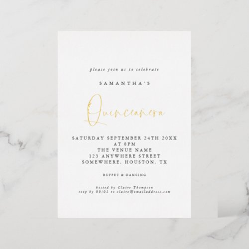 Quinceanera 15th Birthday Party Script White Real  Foil Invitation