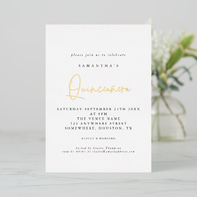 Quinceanera 15th Birthday Party Script White Real  Foil Invitation (Standing Front)