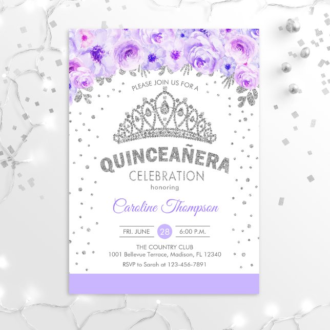 Quinceanera 15th Birthday Party - Silver Purple Invitation