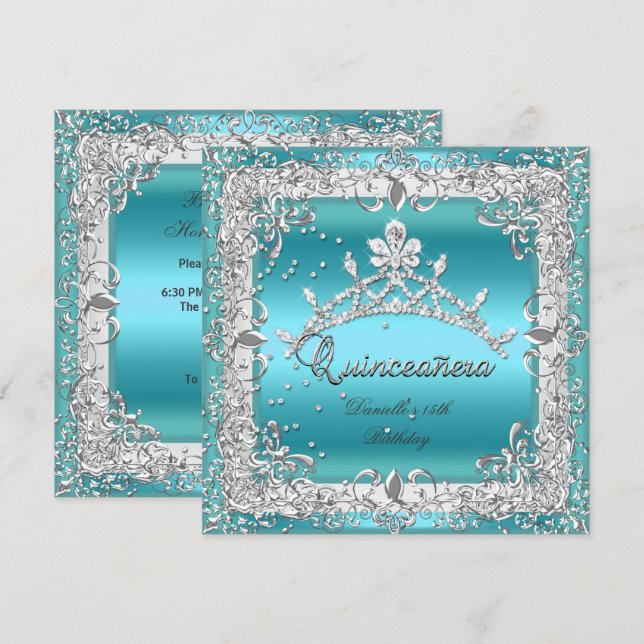 Quinceanera 15th Birthday Party Silver Teal Invitation (Front/Back)