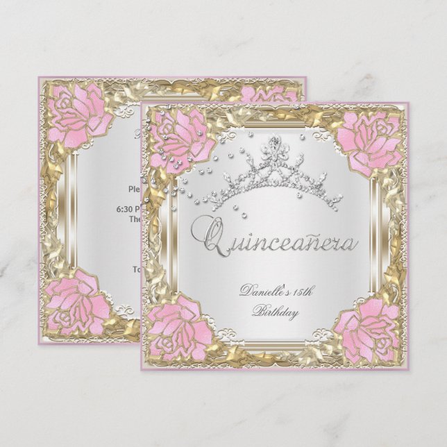 Quinceanera 15th Birthday Party Soft White Pink Invitation (Front/Back)