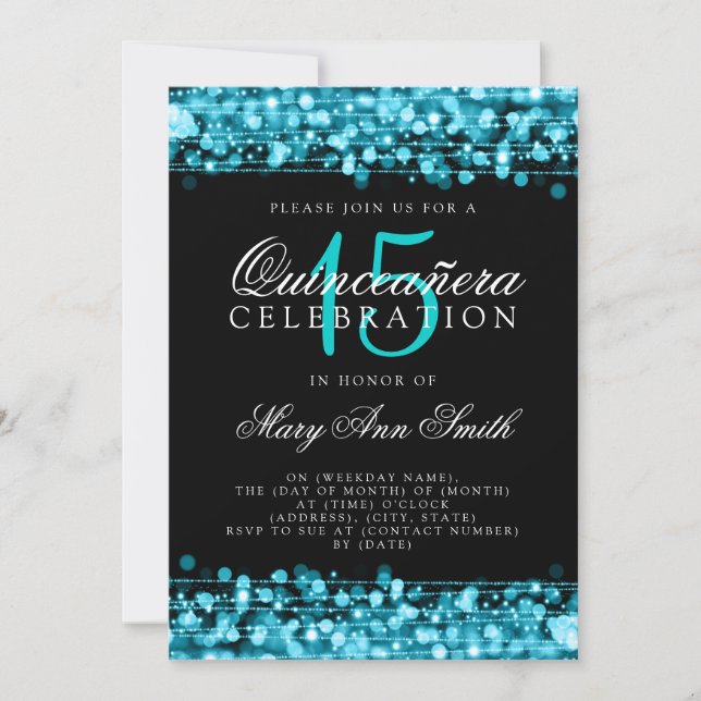 Quinceanera 15th Birthday Party Sparkles Turquoise Invitation (Front)