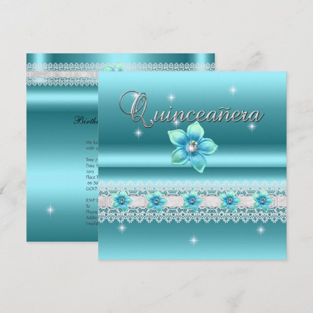 Quinceanera 15th Birthday Party Teal Blue Floral Invitation (Front/Back)