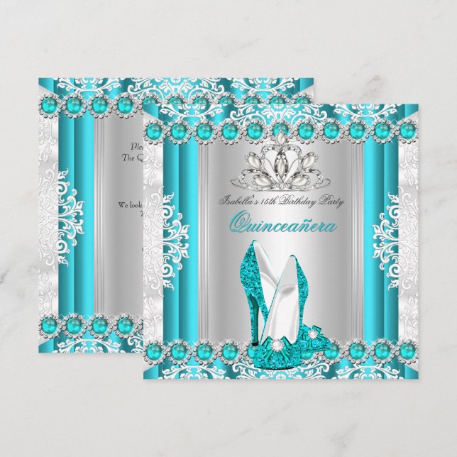 Quinceanera 15th Birthday Party Teal Blue Heels 2 Invitation (Front/Back)