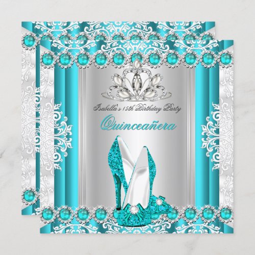 Quinceanera 15th Birthday Party Teal Blue Heels 2 Invitation
