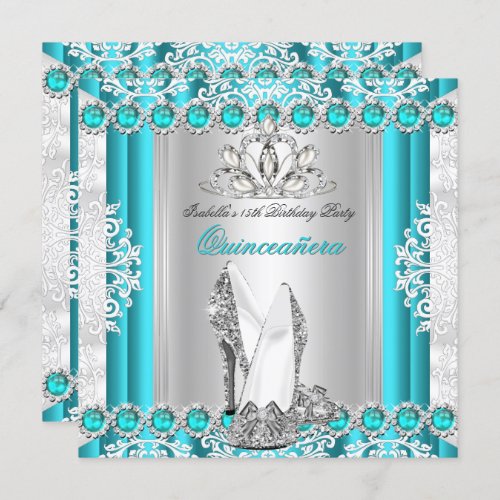 Quinceanera 15th Birthday Party Teal Blue Heels Invitation