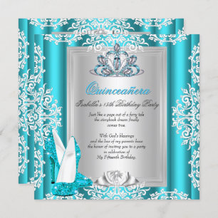 Quinceanera 15th Birthday Party Teal Blue Heels Invitation