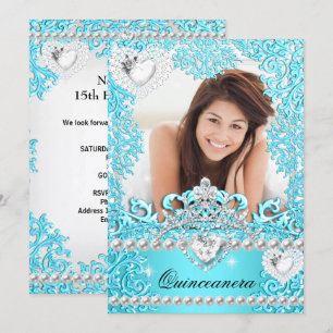 Quinceanera 15th Birthday Party Teal Blue Silver Invitation