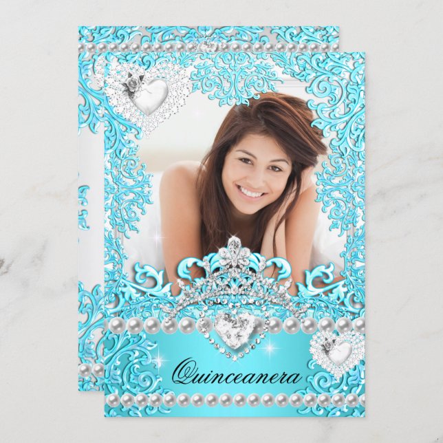 Quinceanera 15th Birthday Party Teal Blue Silver Invitation (Front/Back)