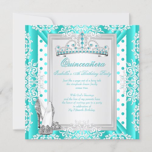 Quinceanera 15th Birthday Party Teal Blue Spots Invitation