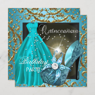 quinceanera 15th Birthday Party Teal Dress Gown Invitation