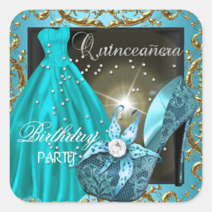 quinceanera 15th Birthday Party Teal Dress Gown Square Sticker