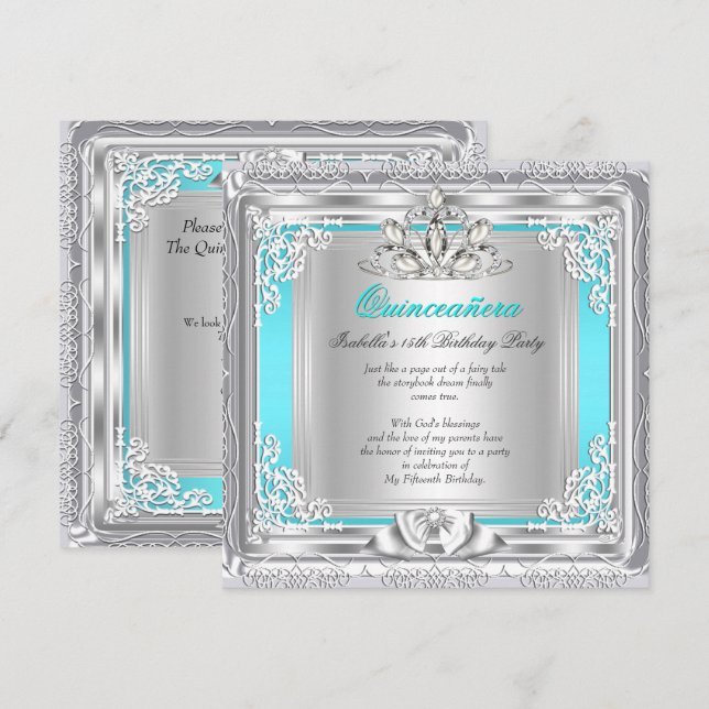 Quinceanera 15th Birthday Party Teal Silver Invitation (Front/Back)