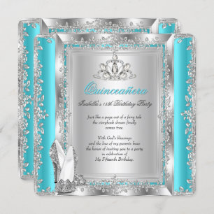 Quinceanera 15th Birthday Party Teal Silver Shoes Invitation
