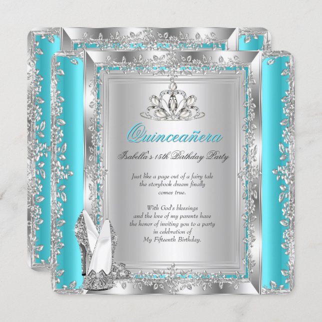 Quinceanera 15th Birthday Party Teal Silver Shoes Invitation (Front/Back)