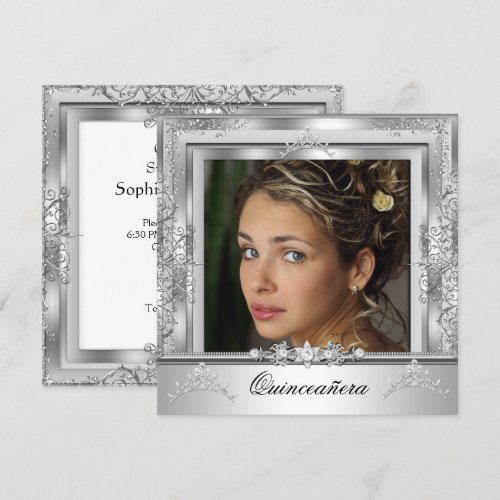 Quinceañera 15th Birthday Party White Silver Tiara Personalized Invitations