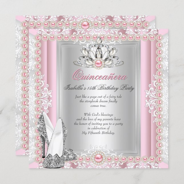 Quinceanera 15th Birthday Pearl Light Pink Heels Invitation (Front/Back)