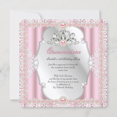 Quinceanera 15th Birthday Pearl Pink Silver 2 Invitation