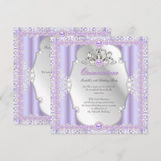 Quinceanera 15th Birthday Pearl Purple Silver Invitation (Front/Back)