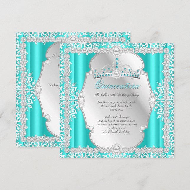 Quinceanera 15th Birthday Pearl Teal Silver Invitation (Front/Back)