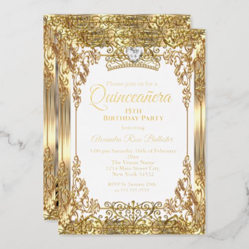 Quinceanera 15th Birthday Photo White Gold Foil Invitation