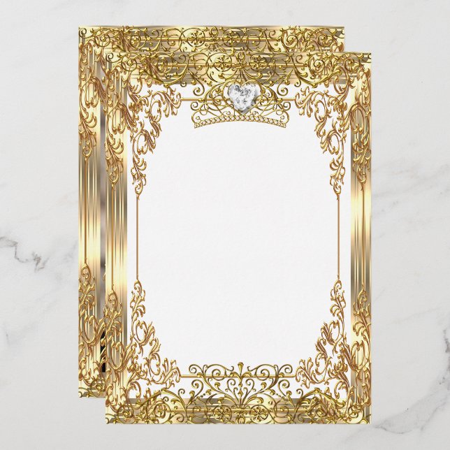 Quinceanera 15th Birthday Photo White Gold Foil Invitation (Front/Back)