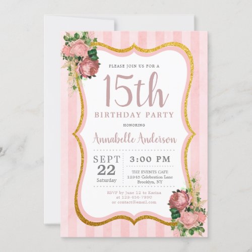 Quinceanera 15th Birthday Pink Floral Gold Glitter Invitation