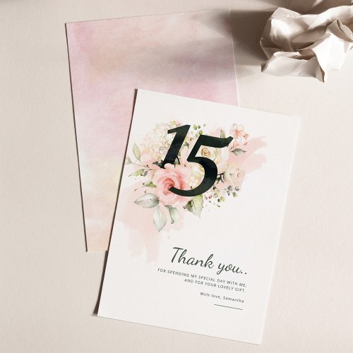 Quinceanera 15th Birthday Pink Floral Thank You Card