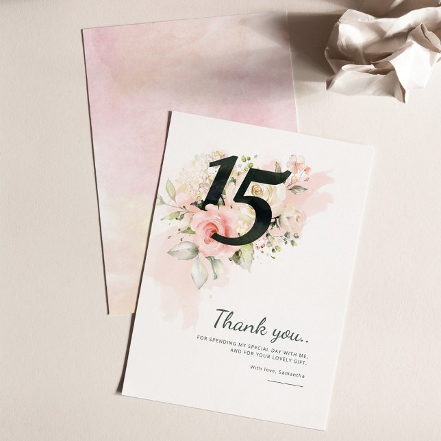 Quinceanera 15th Birthday Pink Floral Thank You Card (Floral Quinceanera 15th Birthday Party Thank You Card)