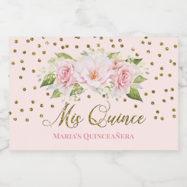 Quinceañera 15th Birthday Pink Flowers Gold Food Label (Single Label)