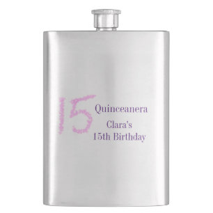 Quinceanera 15th birthday pink glitter template flask