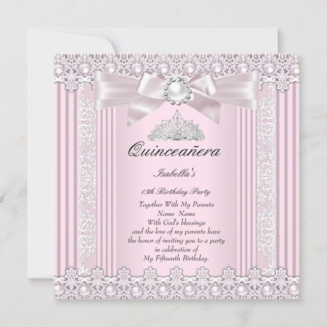 Quinceanera 15th Birthday Pink Pearl Lace Tiara Invitation (Front)